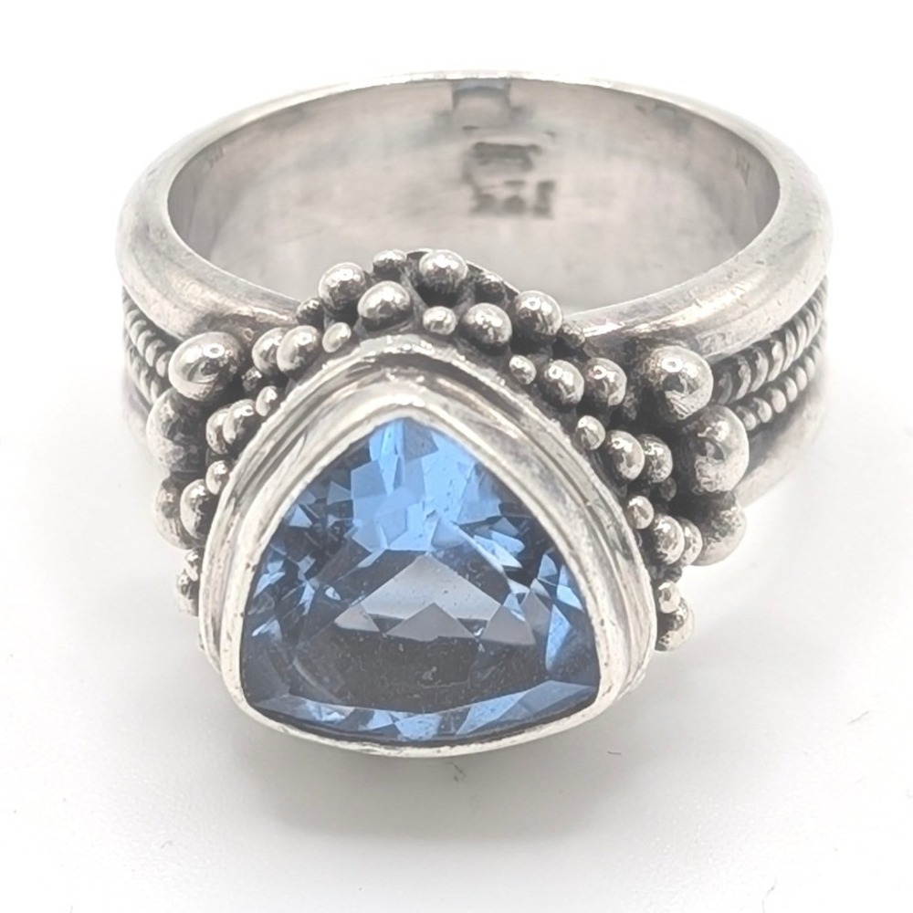 Sarda Bali Sterling Silver Blue Pear Sapphire Artisan Beaded Band Ring Size 7